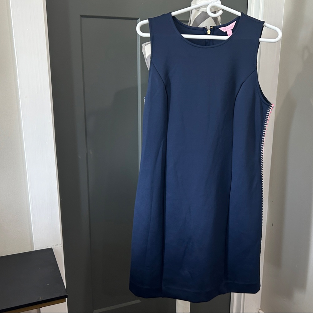 Lilly Pulitzer, Navy, MILA SHIFT, sleeveless dress w/ white, pink & teal design.